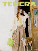 (Creamy Yellow & Olive Green)Color-Block Mini Bucket Bag-TENERA Velvet Collection - TENERA