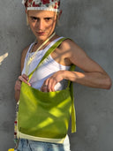 (Creamy Yellow & Olive Green)Color-Block Mini Bucket Bag-TENERA Velvet Collection - TENERA