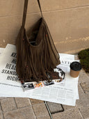 (Moss Green)Large Suede Fringe Beaded Bucket Bag-TENERA Boho Collection