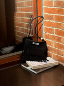 (Black)Mini Seude Pearl Bucket with Fringe-TENERA Boho Collection