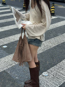 (클레이) 라지 스웨이드 프린지 비즈 버킷백 - 테네라 보헤미안 컬렉션