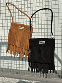 (Brown)Mini Seude Pearl Bucket with Fringe-TENERA Boho Collection