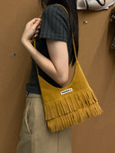 (Caramel Brown)Suede Fringe Baguette Bag-TENERA Boho Collection